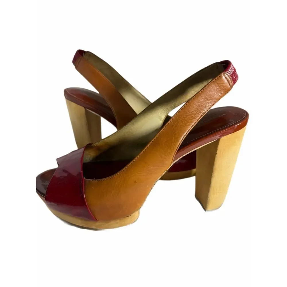 EUC STUNNA MK PEEPTOE SLINGBACK TRICOLOR SZ 7 1/2M 4.5”Heel 1”Platform Wood Heel